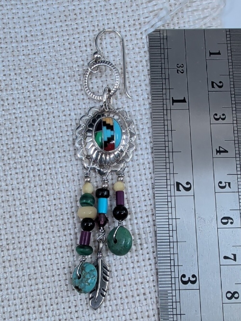 Vintage Masha 925 Sterling Inlay Concho Dreamcatcher Earrings - Picture 9 of 17